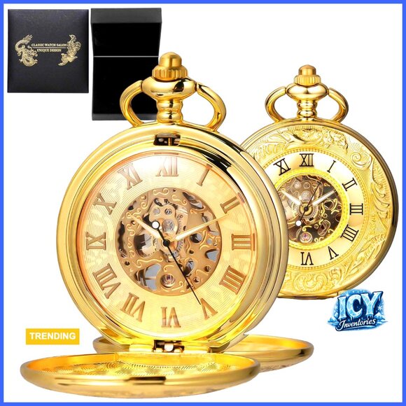 Skeleton Mechanical Pocket Watch Roman Numerals Dial with Chain